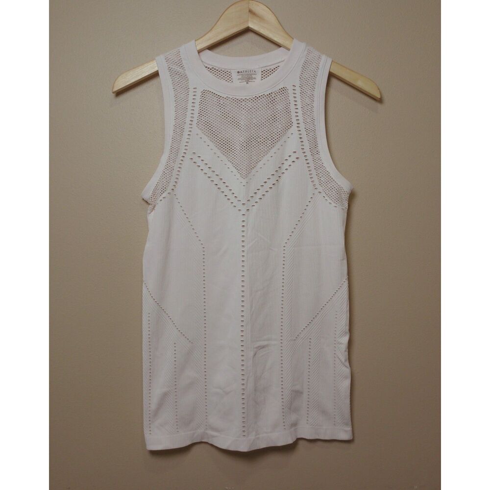 Athleta White Mesh Ribbed Seamless Tank Top Medium Yoga Gym Activewear - Picture 2 of 7